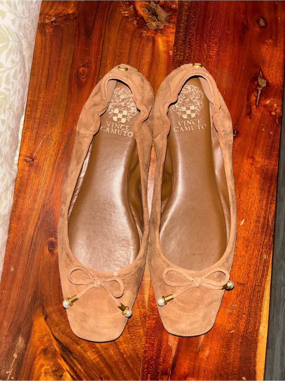 Vince Camuto Tan Suede Ballet Flats with Bow Detail